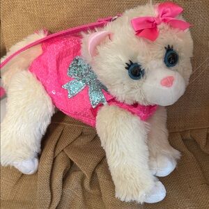 POOCHIE & CO PLUSH WHITE CAT WITH PINK SEQUINED PURSE ~Pink STRAP & BOW
